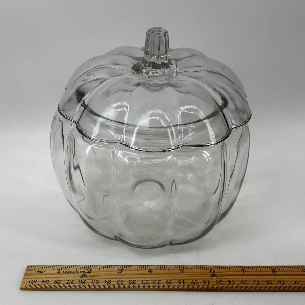 Anchor Hocking Clear Glass Pumpkin Jar with Lid Harvest Fall DecorCandy Dish6.5